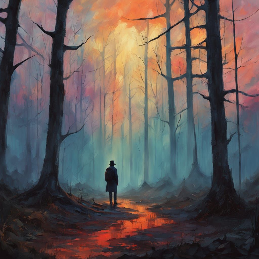 Misty Forest Sunrise in Impressionistic Oil Painting Style