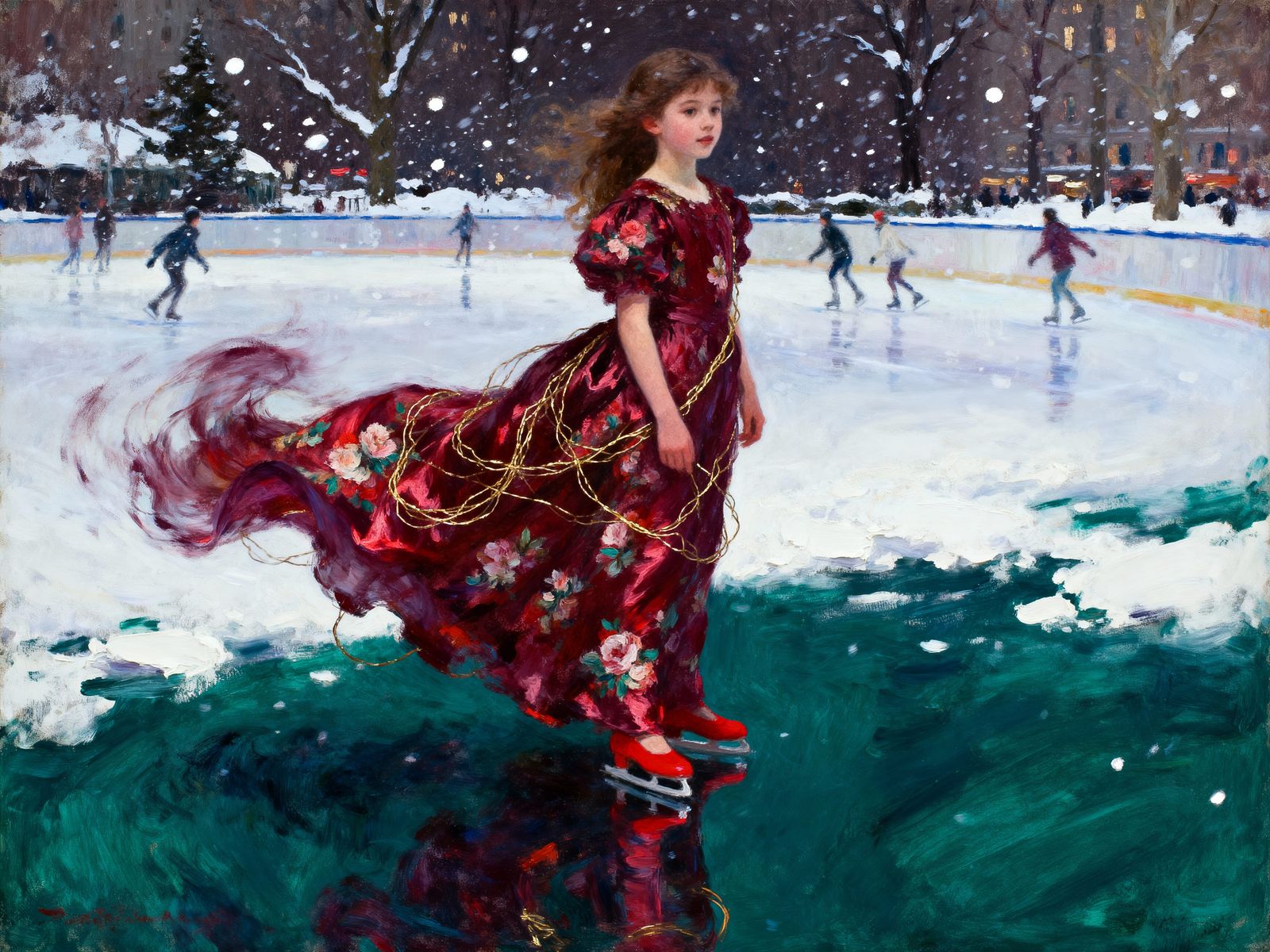 Impressionist Painting of Woman in Red Silk Dress on Snowy R...