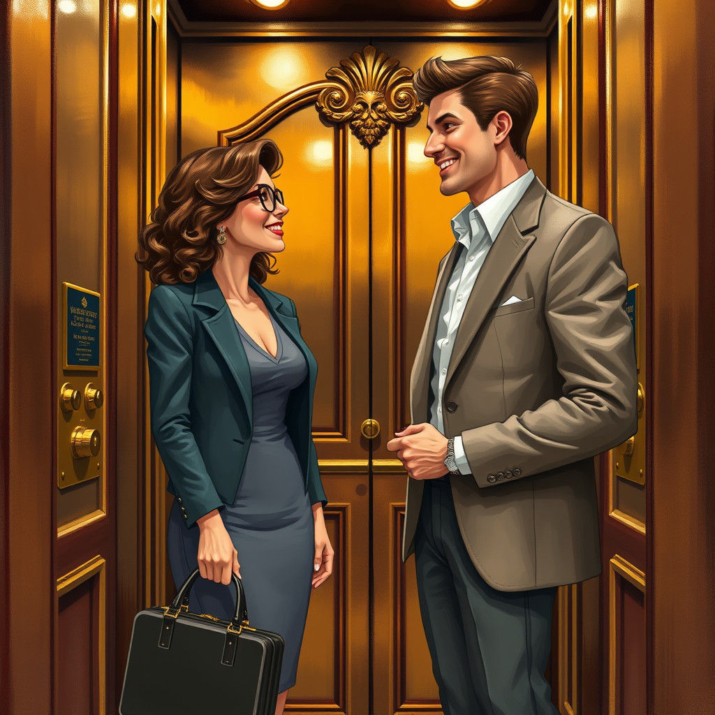 Office Romance in Ornate Elevator as Oil Painting