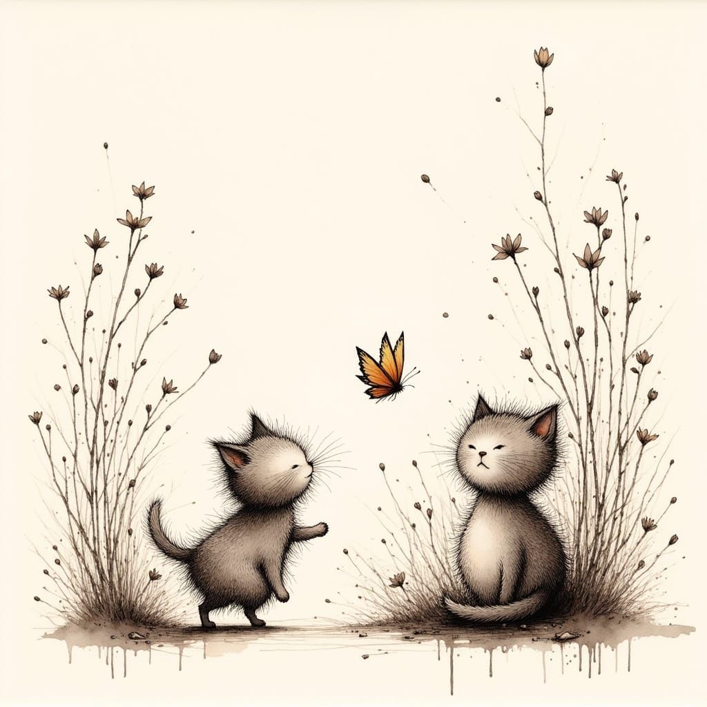 Fluffy Kitten Chasing Butterfly in Ink Block Style