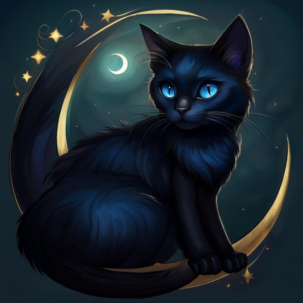 Elegant Blue Cat with Crescent Moon