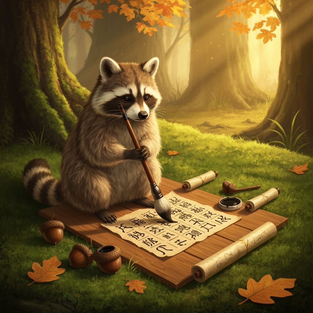 Raccoon Artist Paints Hieroglyphs in Golden Forest Light