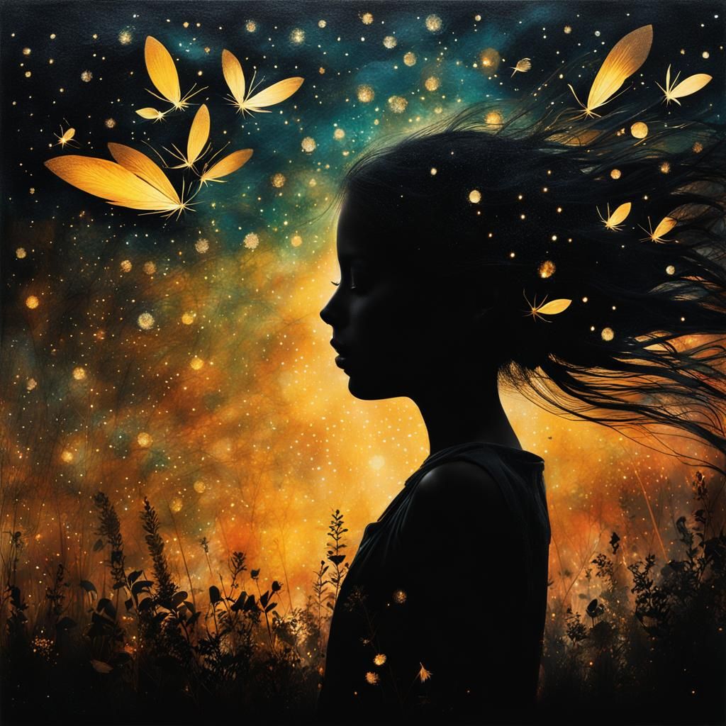 Surreal Silhouette Collage with Fireflies and Light
