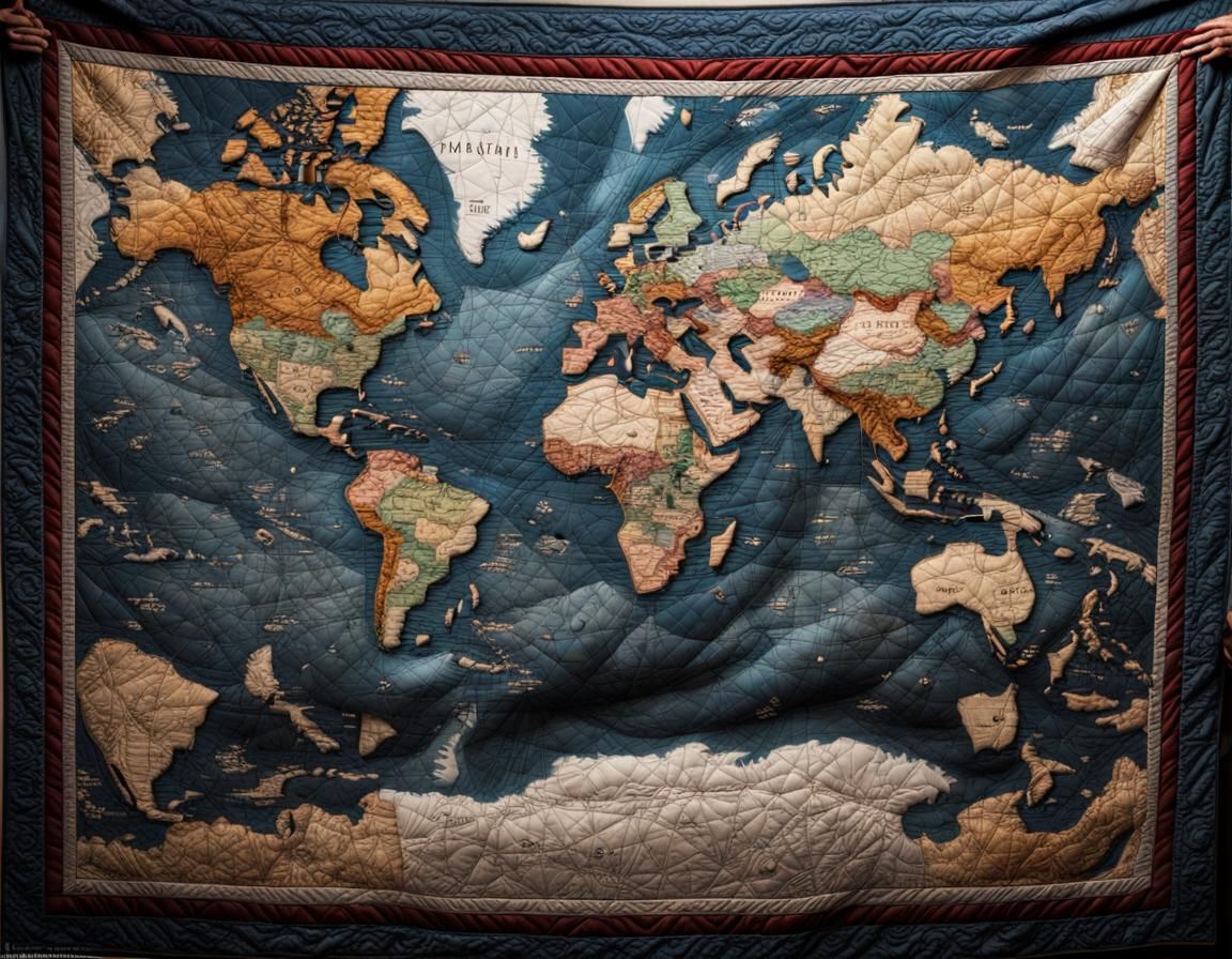 Intricate World Map Quilt in Hyperrealistic Detail