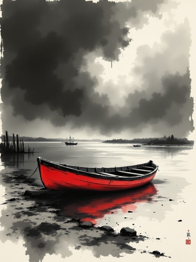 Abandoned Red Boat Under Stormy Grayscale Skies