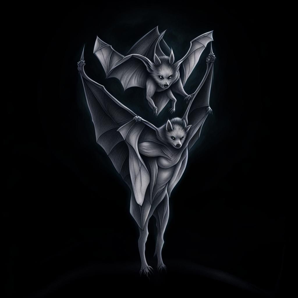 Two Bats Tattoo Illustration in Black and White