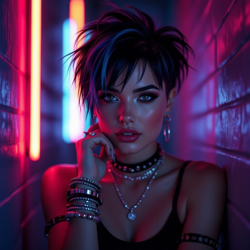 Punk Rock Girl with Neon Blue Hair and Piercings