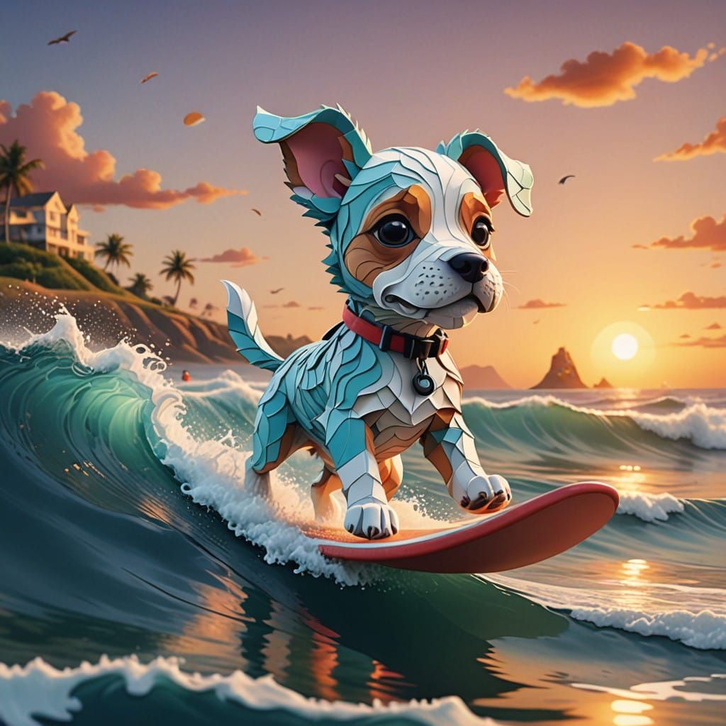 Psychedelic Sunset Surfer Dog in Vibrant Flat Cartoon Style