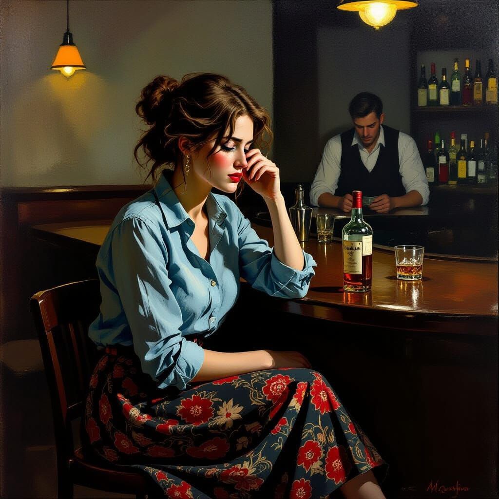 Melancholy Woman in Bar, Realistic Style