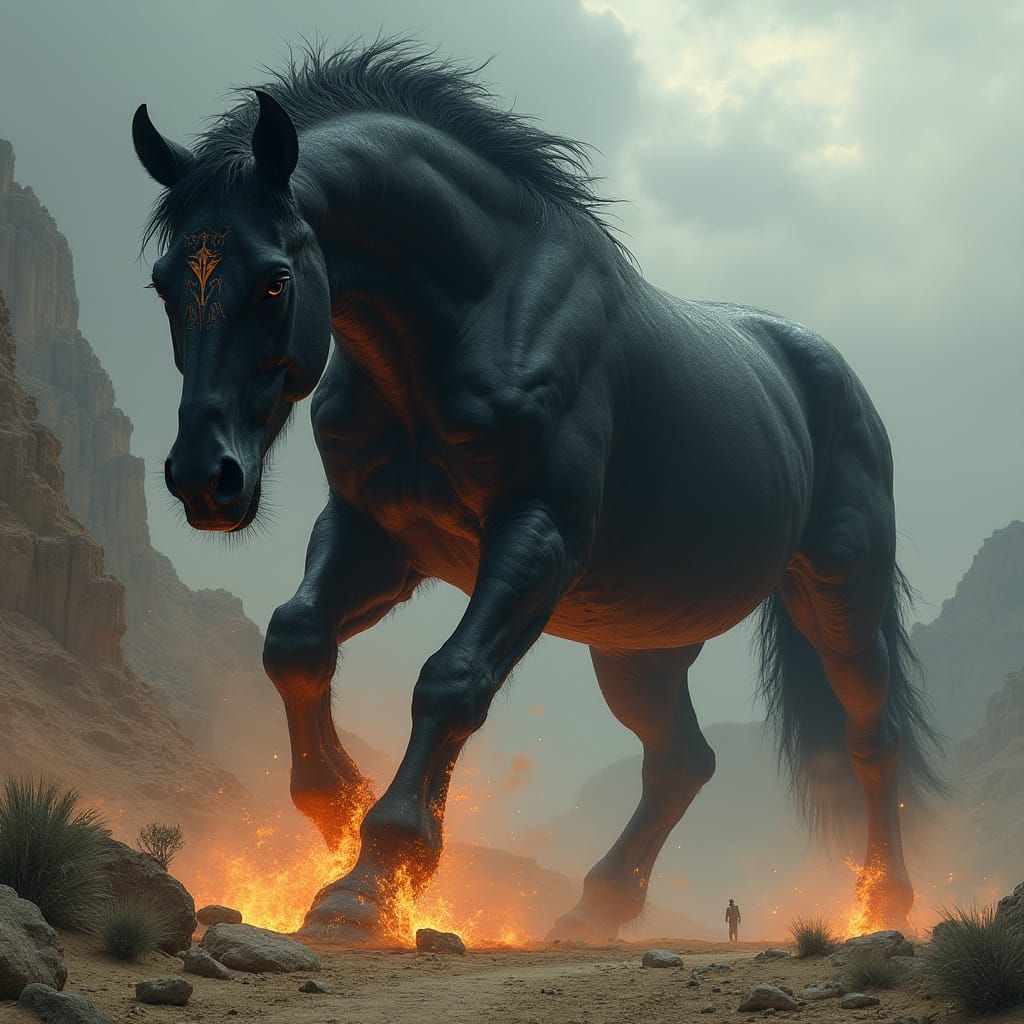 Fiery Black Horse in Desert Landscape, Dramatic Digital Art