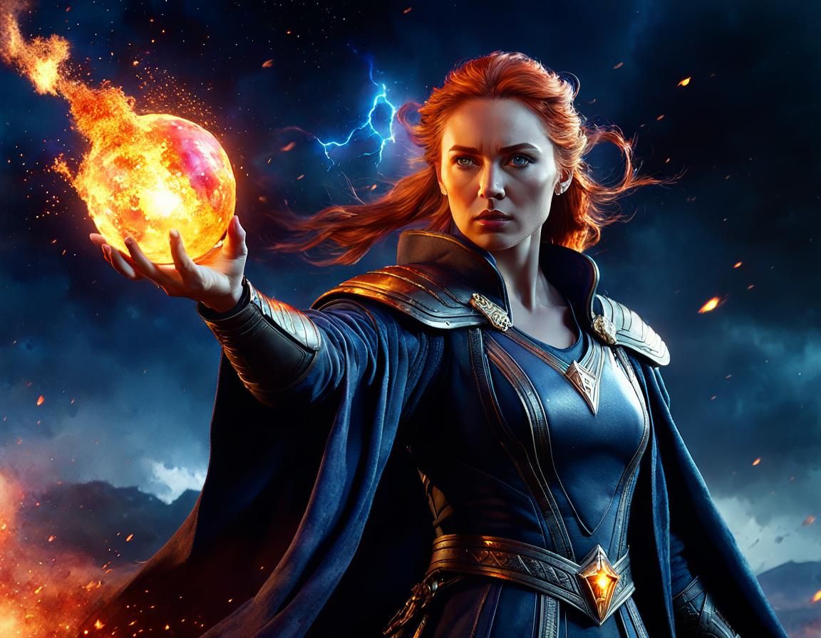 Sorceress Casting Fireball in Soft Watercolor Style