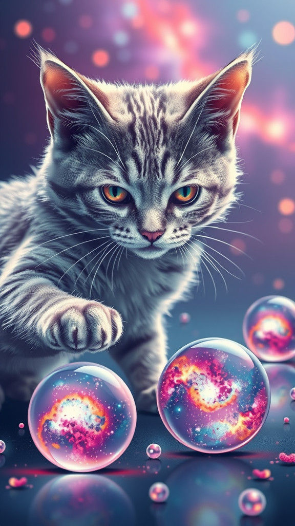 Cat Playing with Galaxy Balls in Futuristic Style
