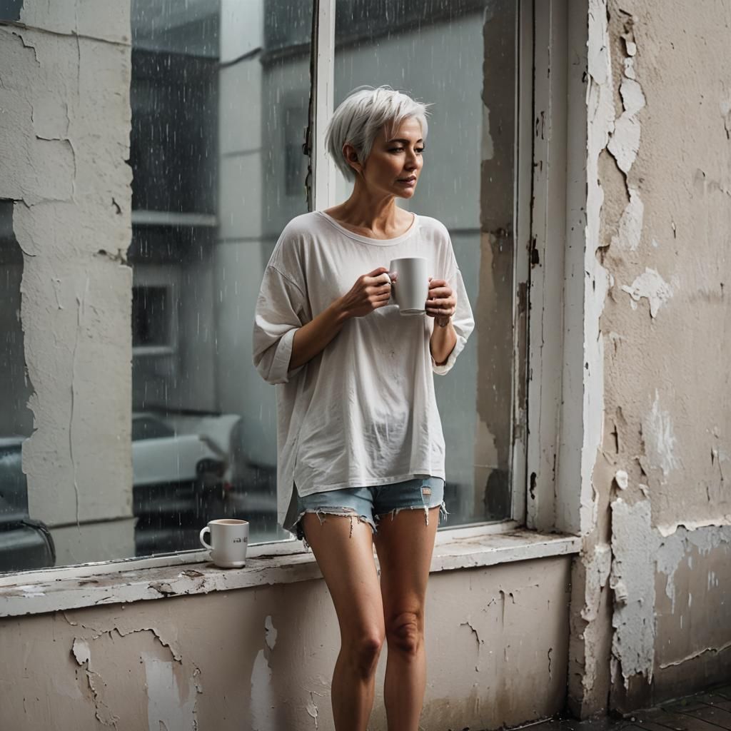Dreamy Woman with Coffee in Watercolor Style