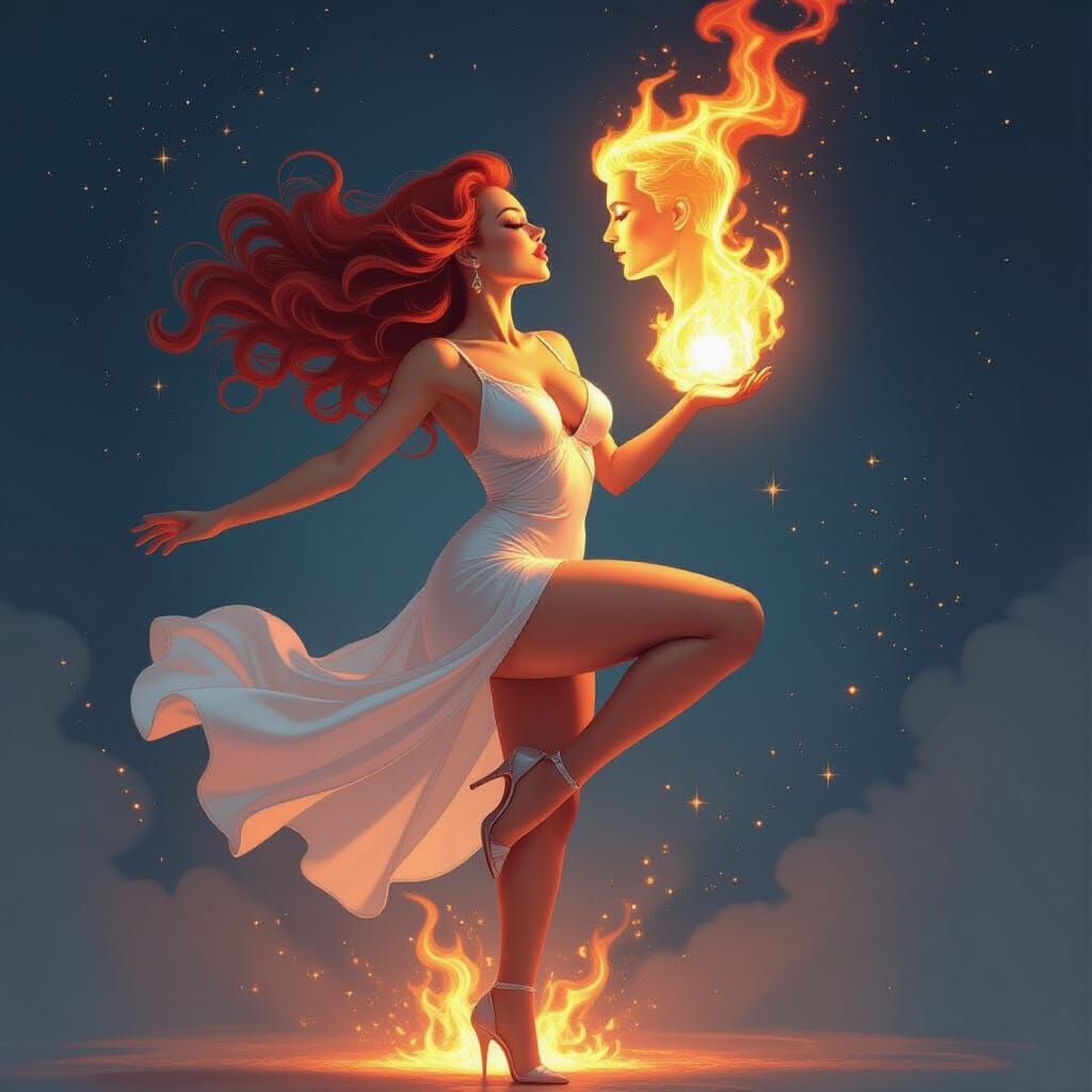 Cosmic Acrobat Kissing Fire: Holographic Digital Art