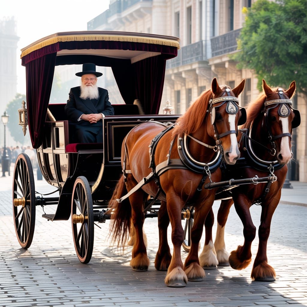 Rebbe of Sanz Rides in Ornate Horse-Drawn Carriage