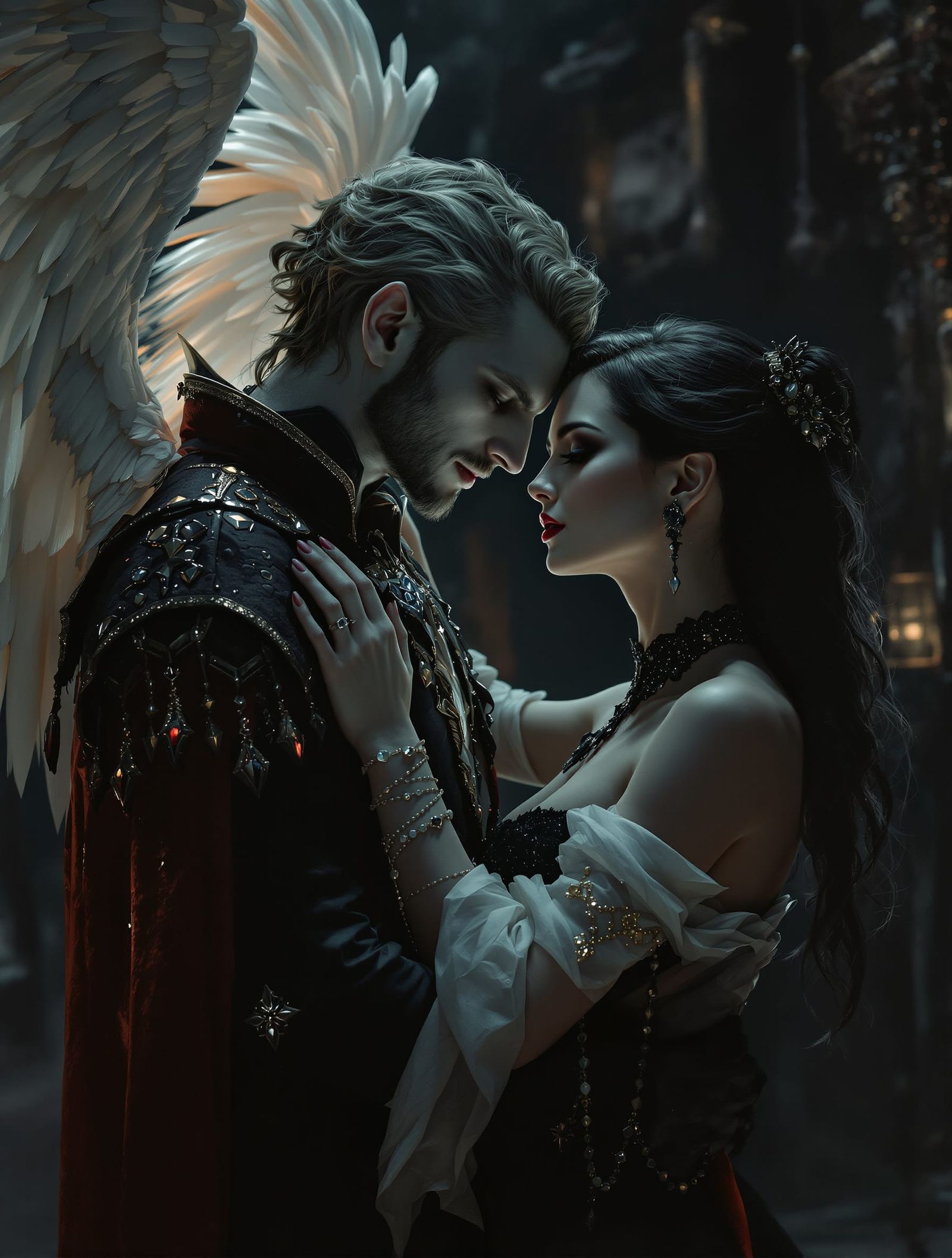 Psychic Warchief Embraces Vampire Woman in Dark Fantasy