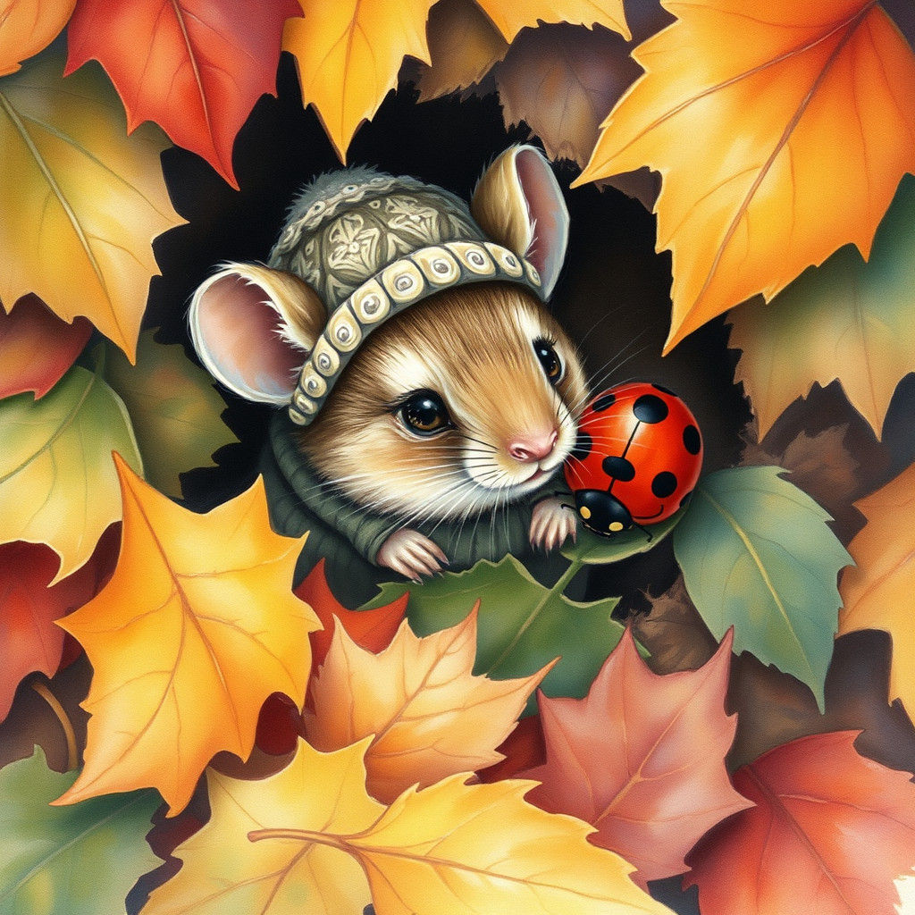 Mouse and Ladybug in Autumn Leaves Watercolor