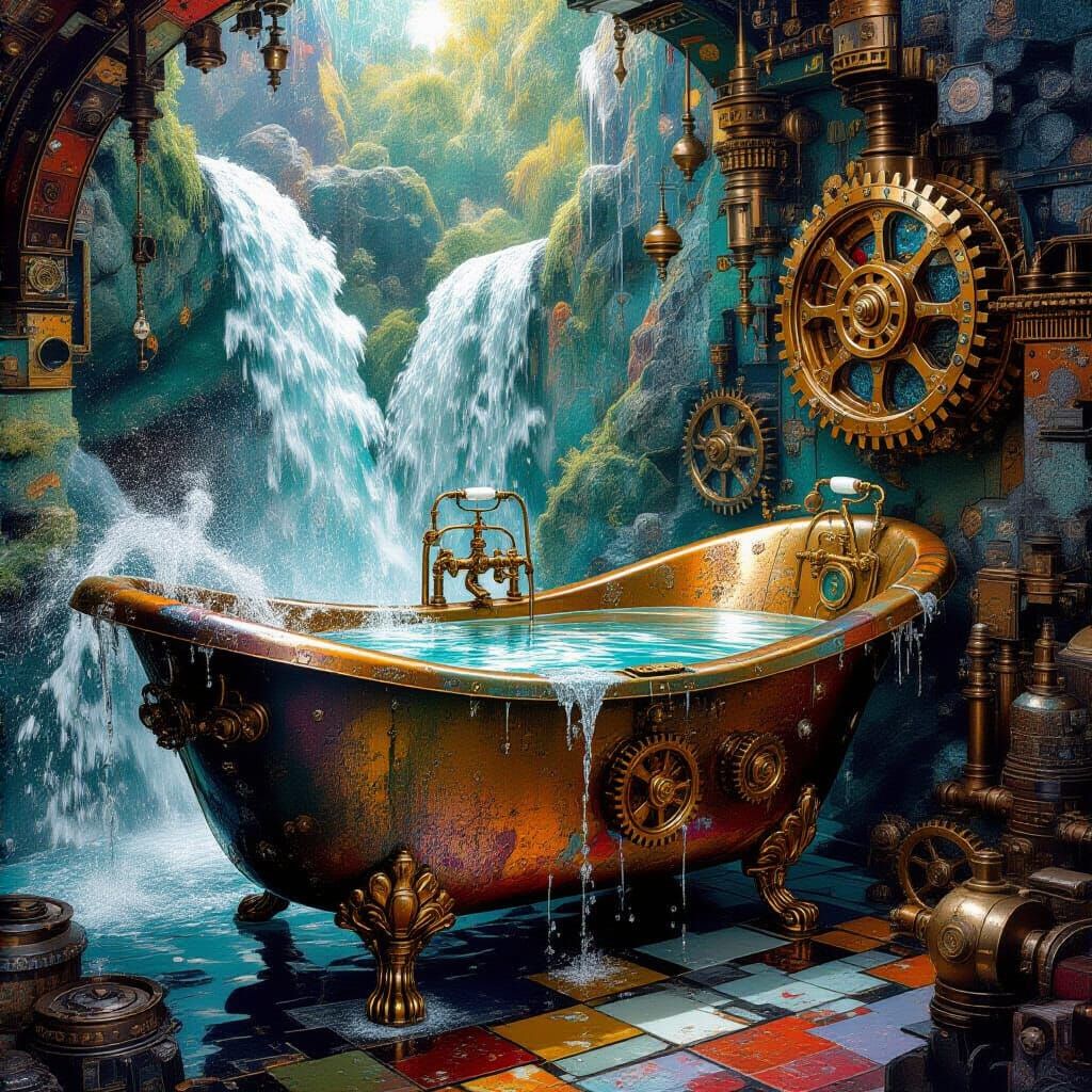 Steampunk Bathtub with Cosmic Splashes