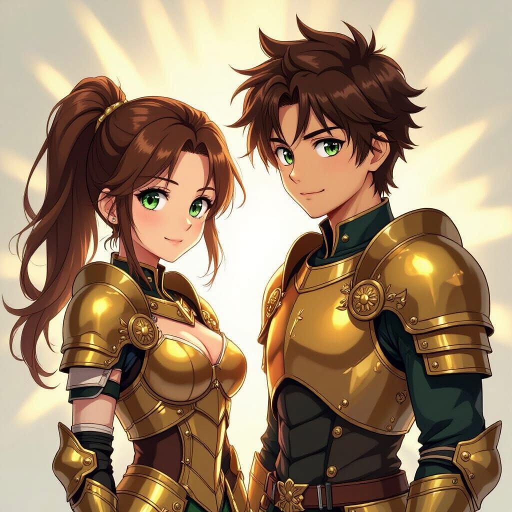 Manga Girl in Gold Armor Beside Boy in Anime Style