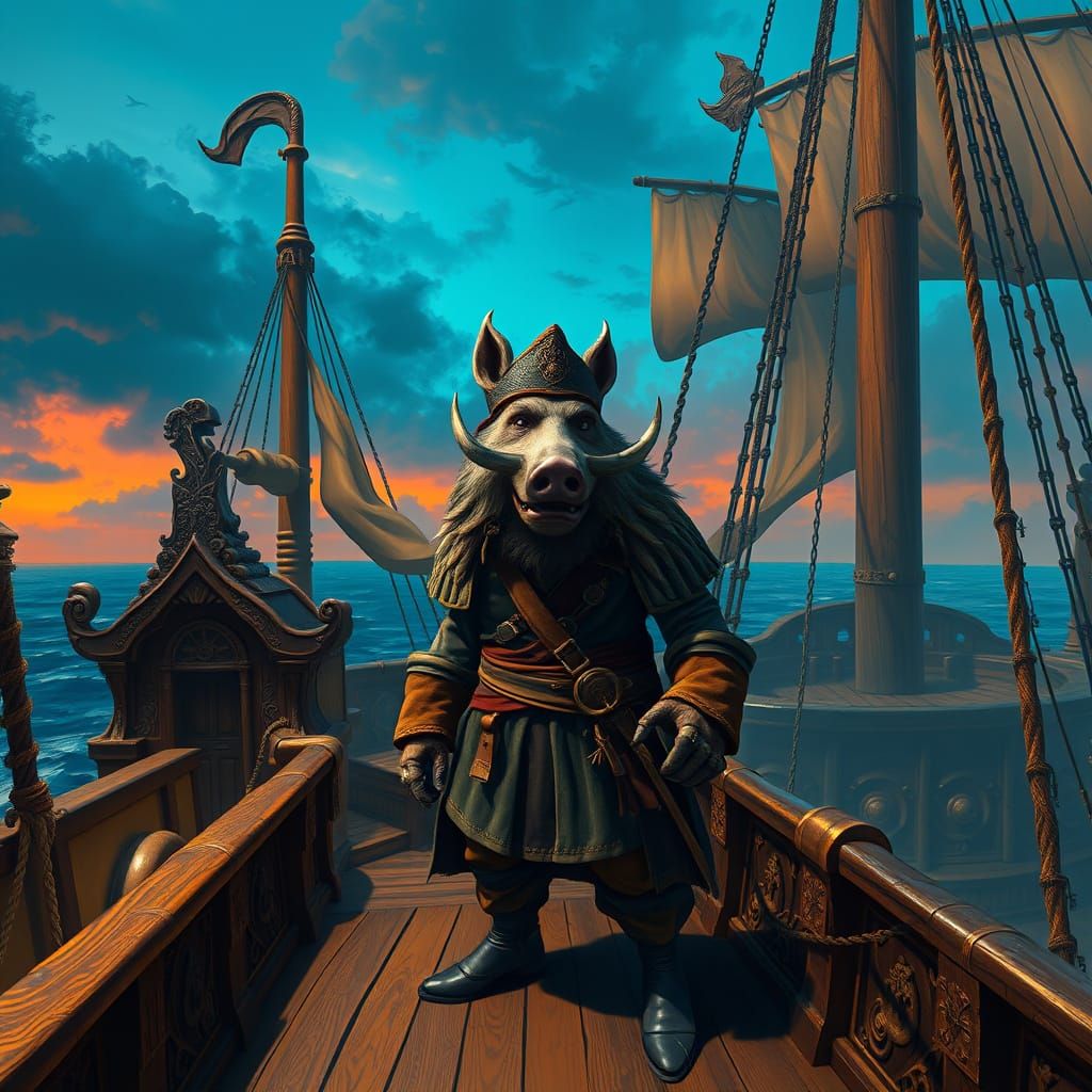 Boar Pirate Captain on a Ship as Matte Painting