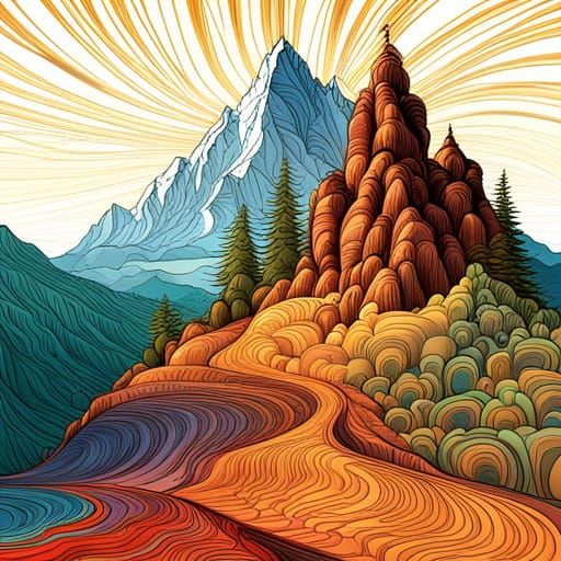 Vibrant Vector Mountain Landscape with Hikers