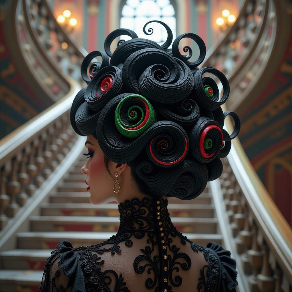 Surreal Hair Sculpture in Bosch-Style Staircase