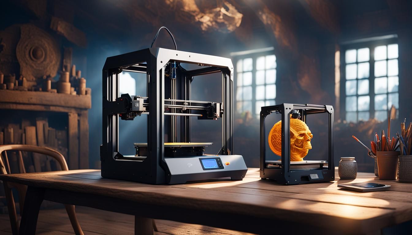 Detailed 3D Printer on Wooden Table, Matte Painting