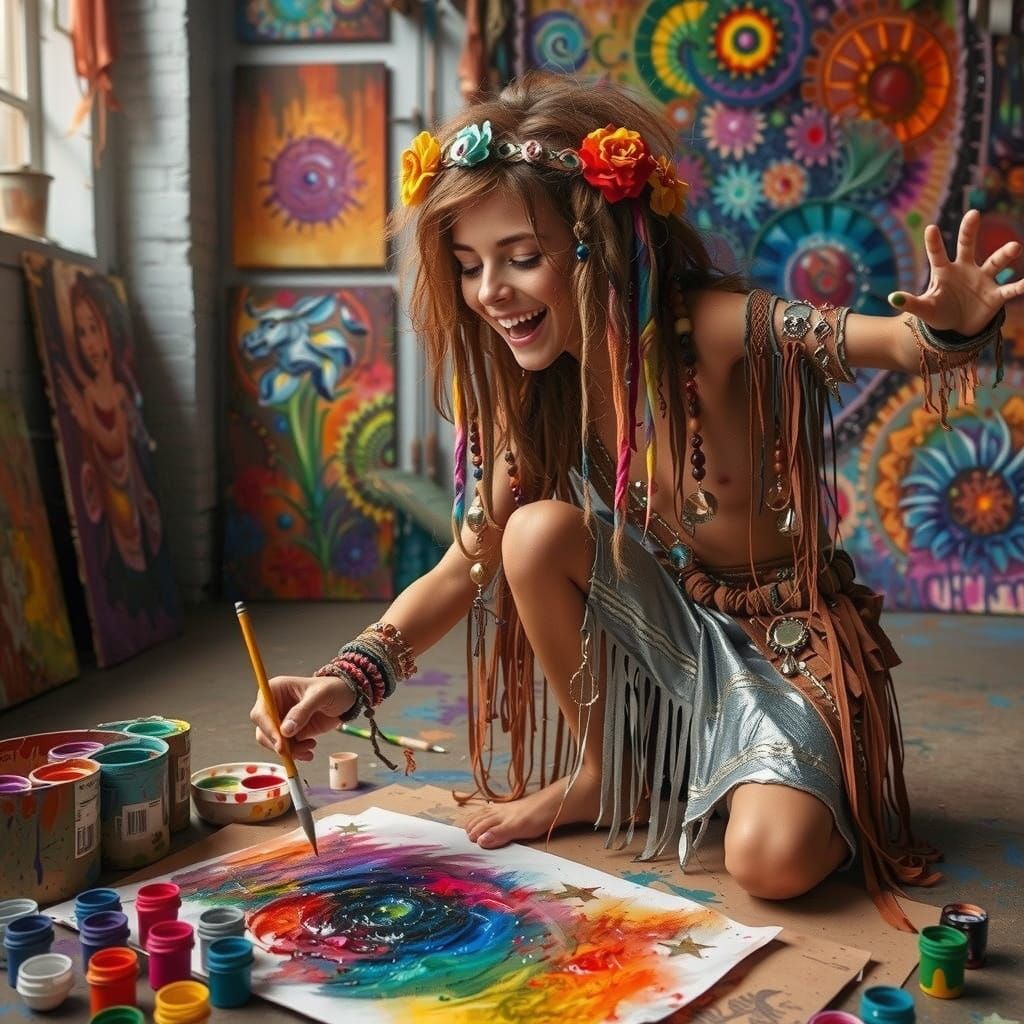 Vibrant Artist Surrounded by Colorful Creations in Cozy Stud...