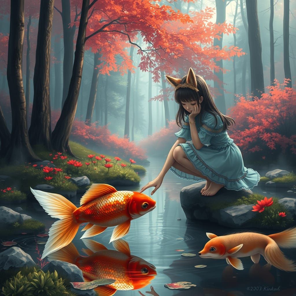 Anime Girl in Whimsical Forest Pond Scene with Jeweled Fish
