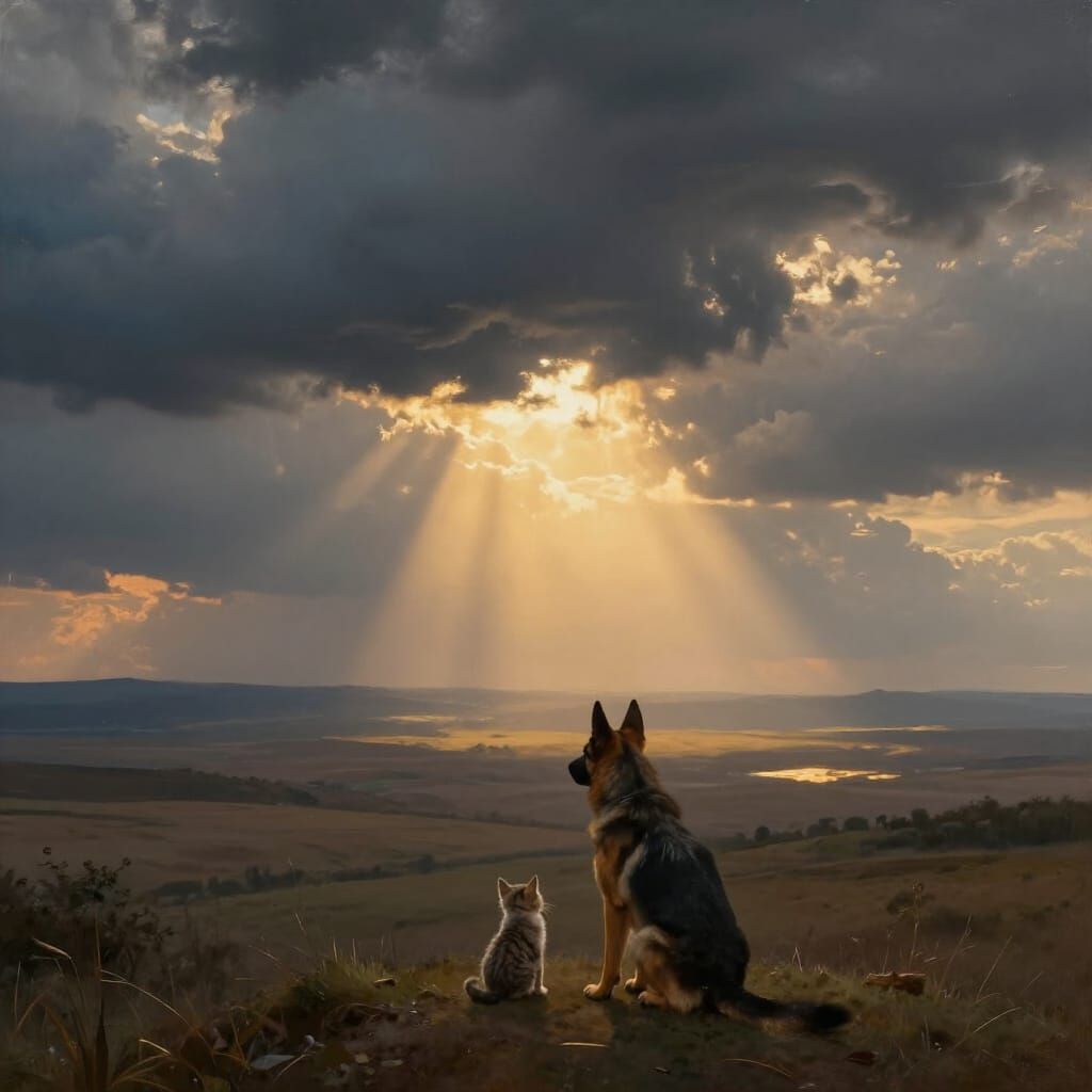 Dramatic Stormy Landscape with Golden Light and Companions