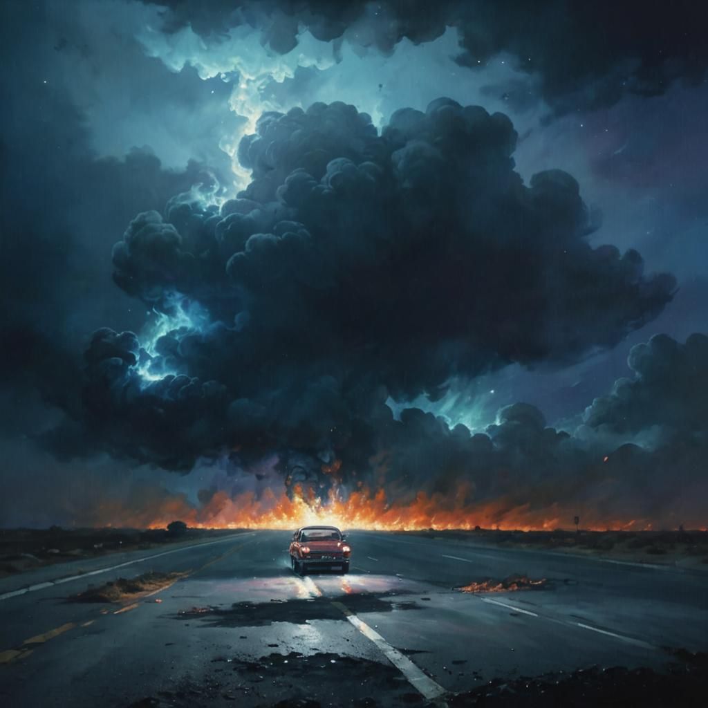 Fiery Car Mobile Phone Surreal Oil Painting