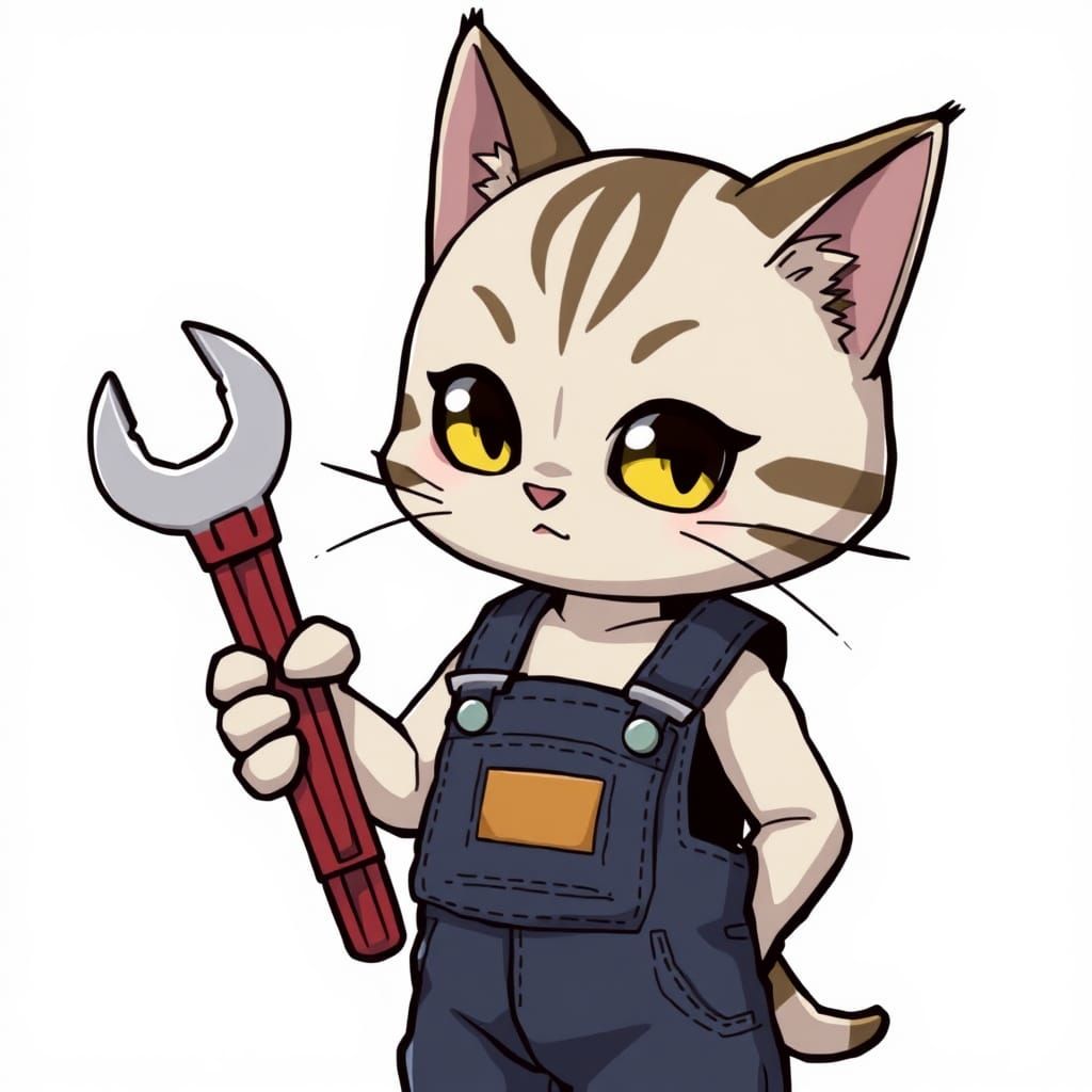 Chibi Mechanic Cat with Wrench in Overalls