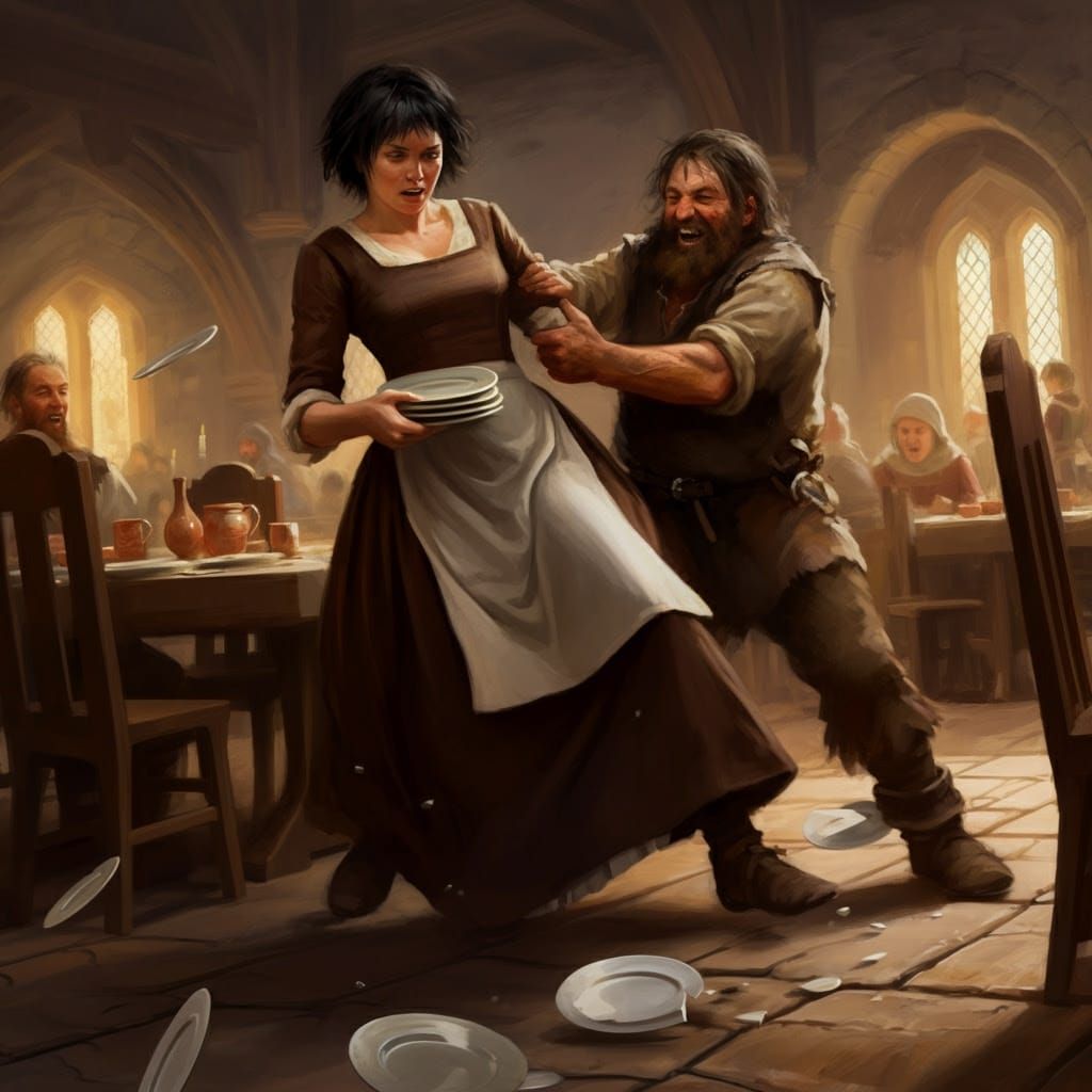 Medieval Servant Woman Overpowered in Bustling Dining Hall