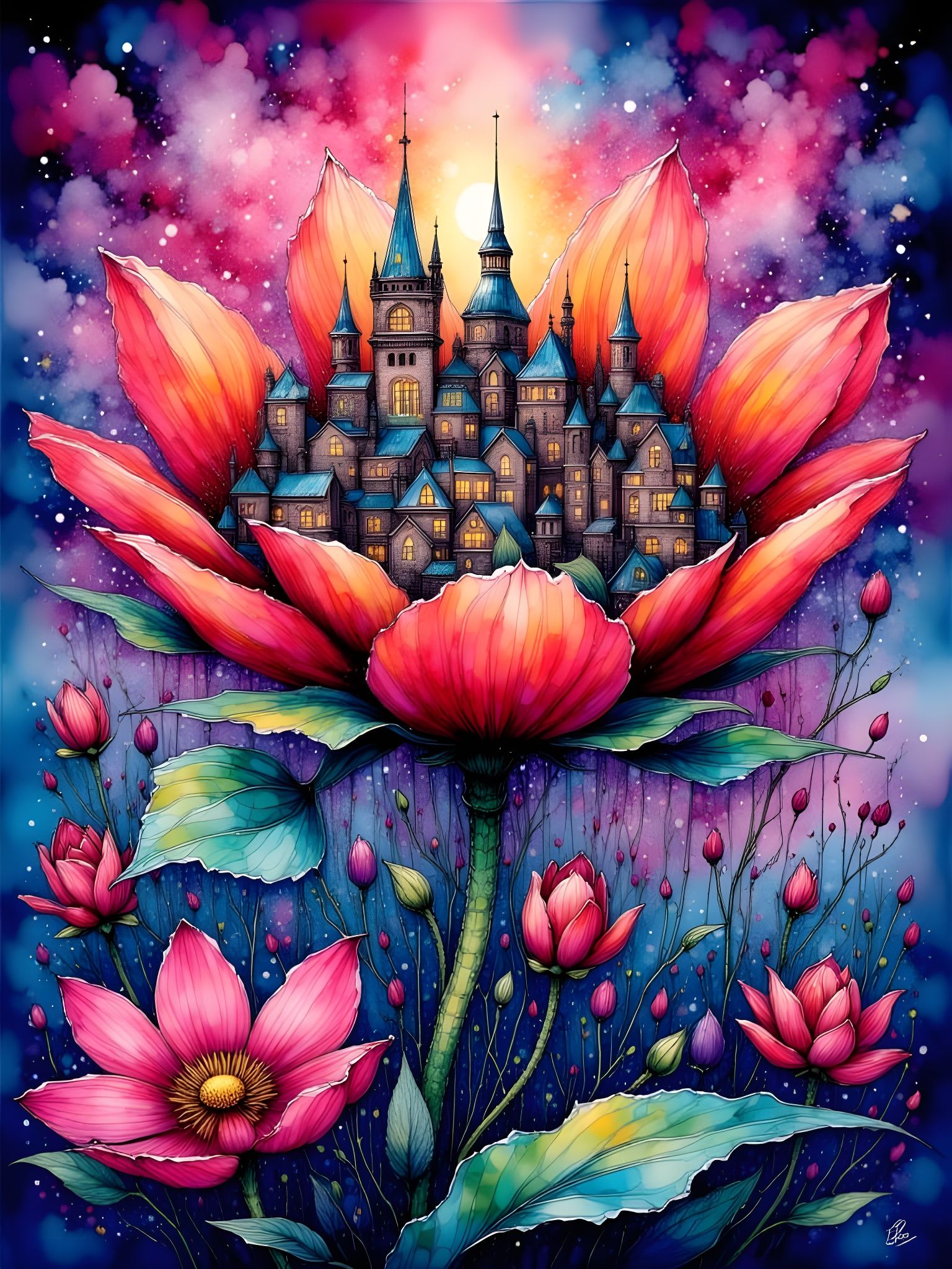 Colossal Flower City in Comic Book Art Style
