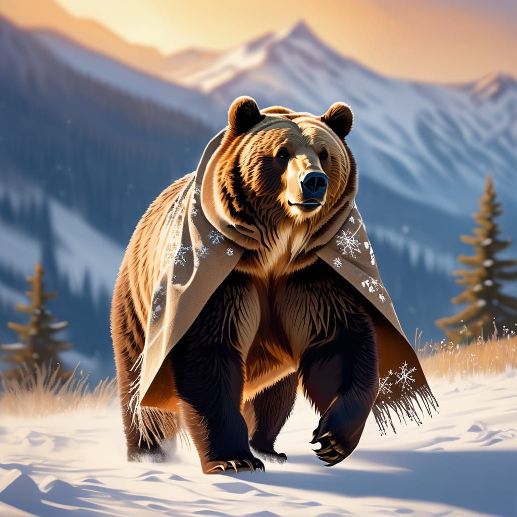 Majestic Grizzly Bear Journey in Snowy Mountains