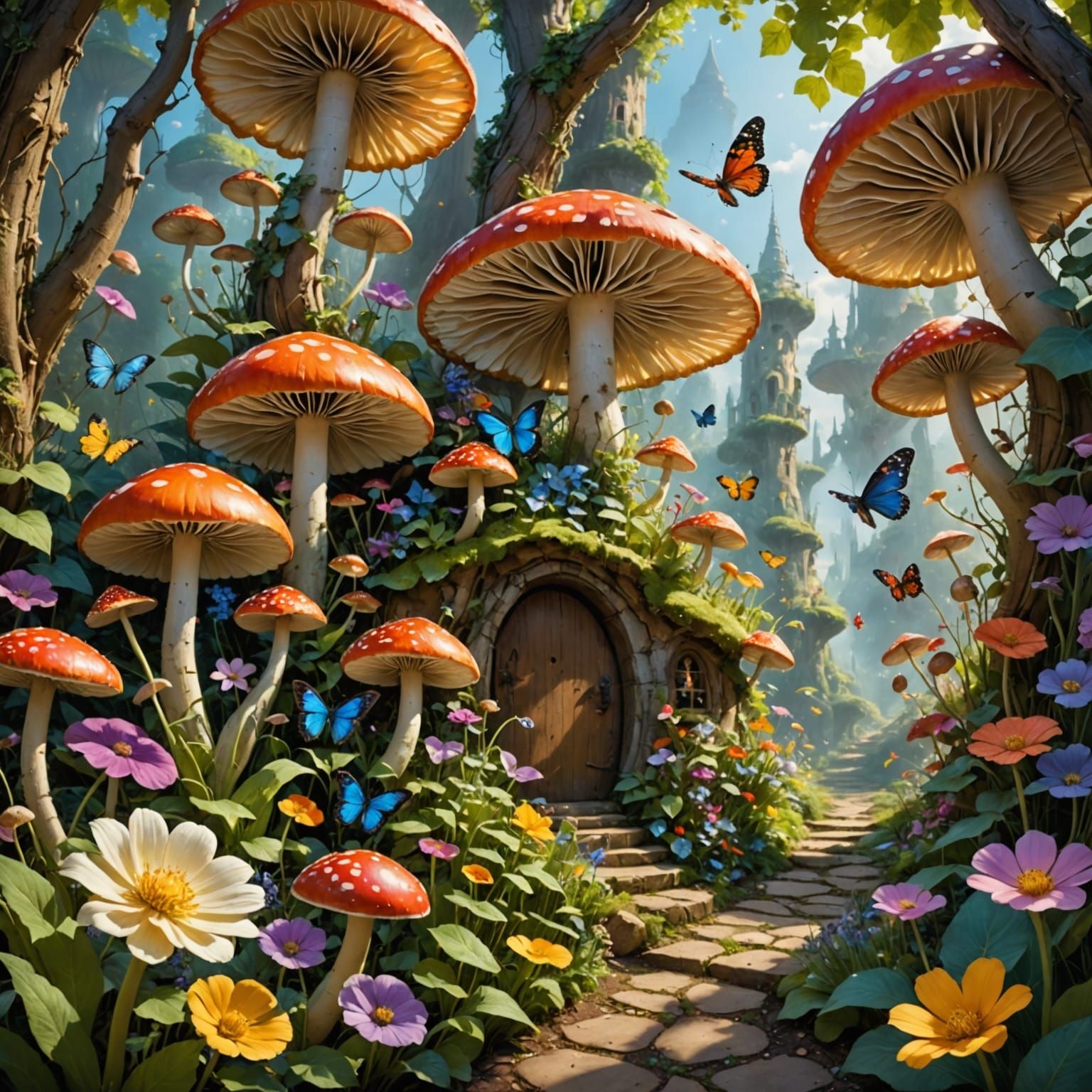 Whimsical Garden of Giant Flowers and Magical Creatures