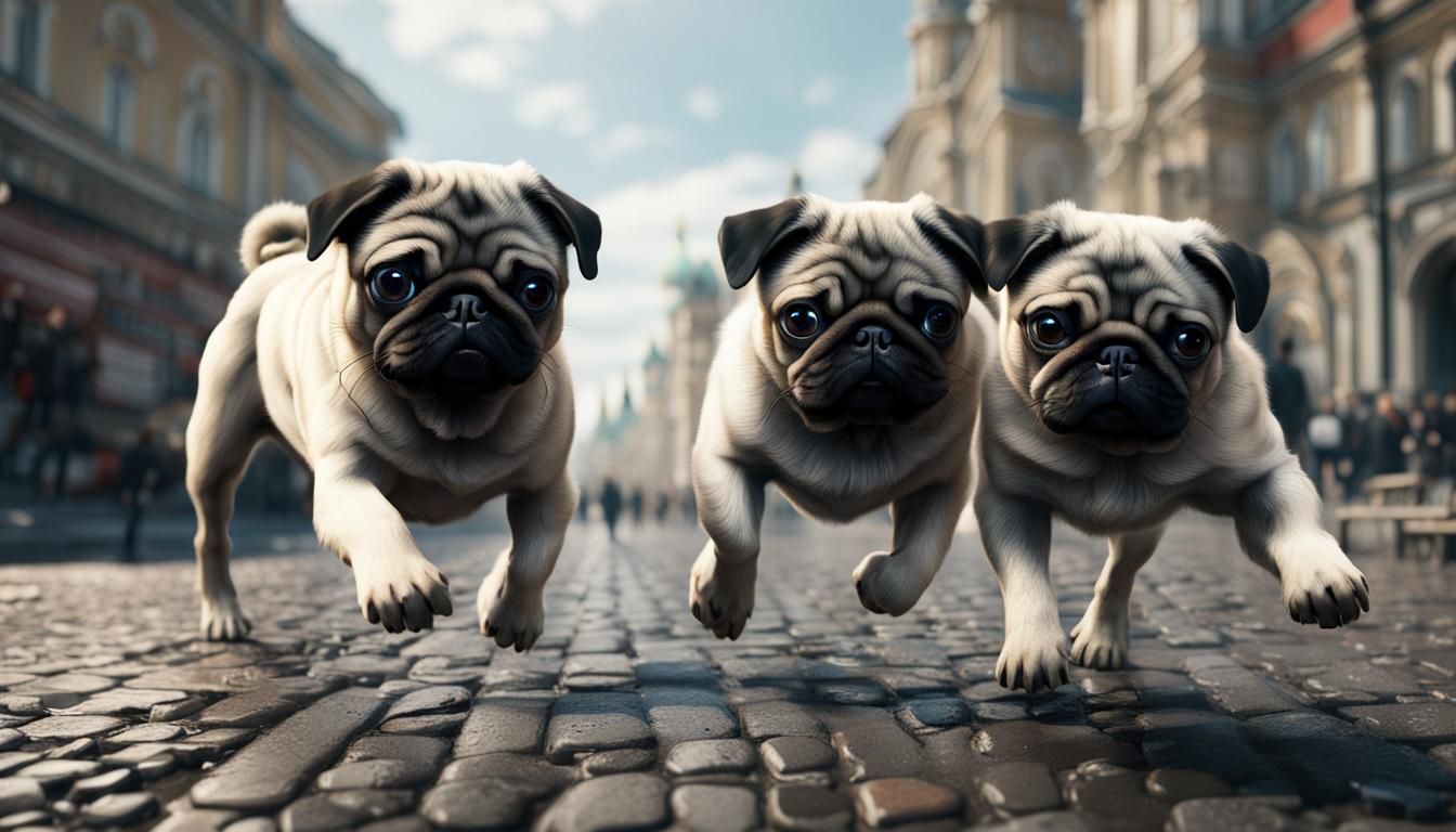 Pugs Strolling Moscow Street in Photorealistic Style