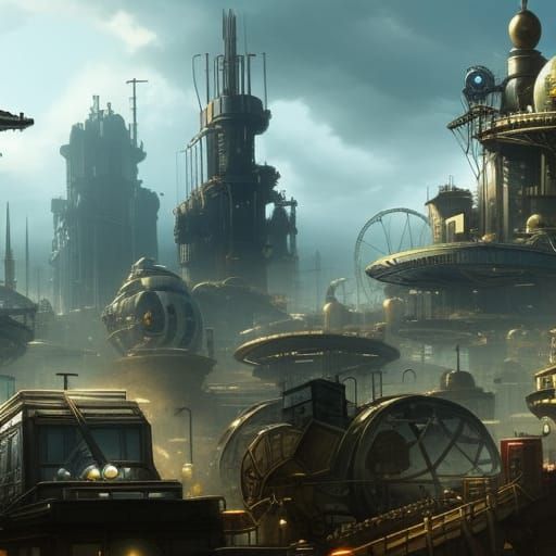 Steampunk Megacity with Victorian Architecture and Rusty Gea...