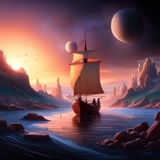 Celestial Boat Sailing Through Stars: Dark Fantasy Art