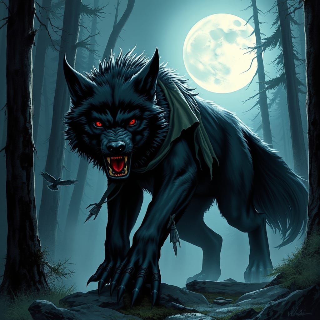 Dark Fantasy Demigod Wolf Stalks Moonlit Forest