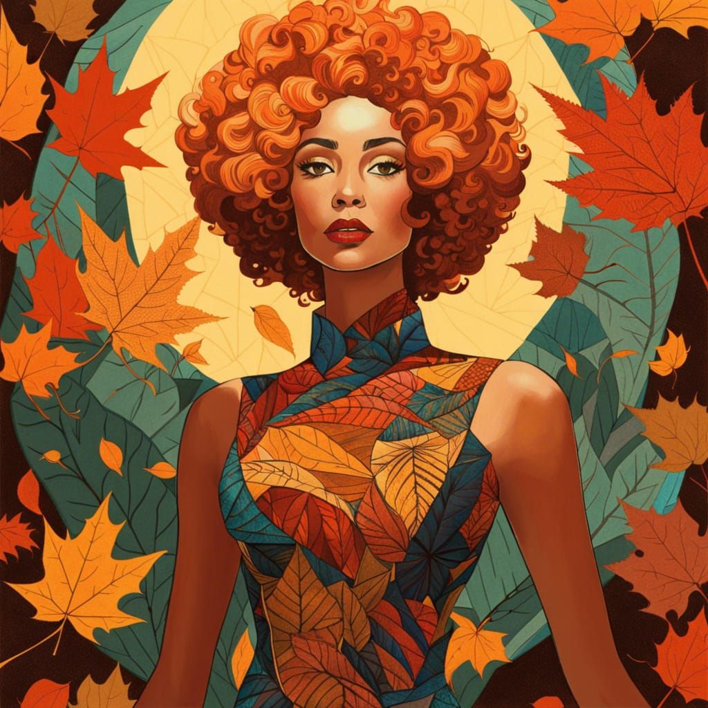 Glamorous Woman in Autumn Leaf Dress: Hand-Drawn Art