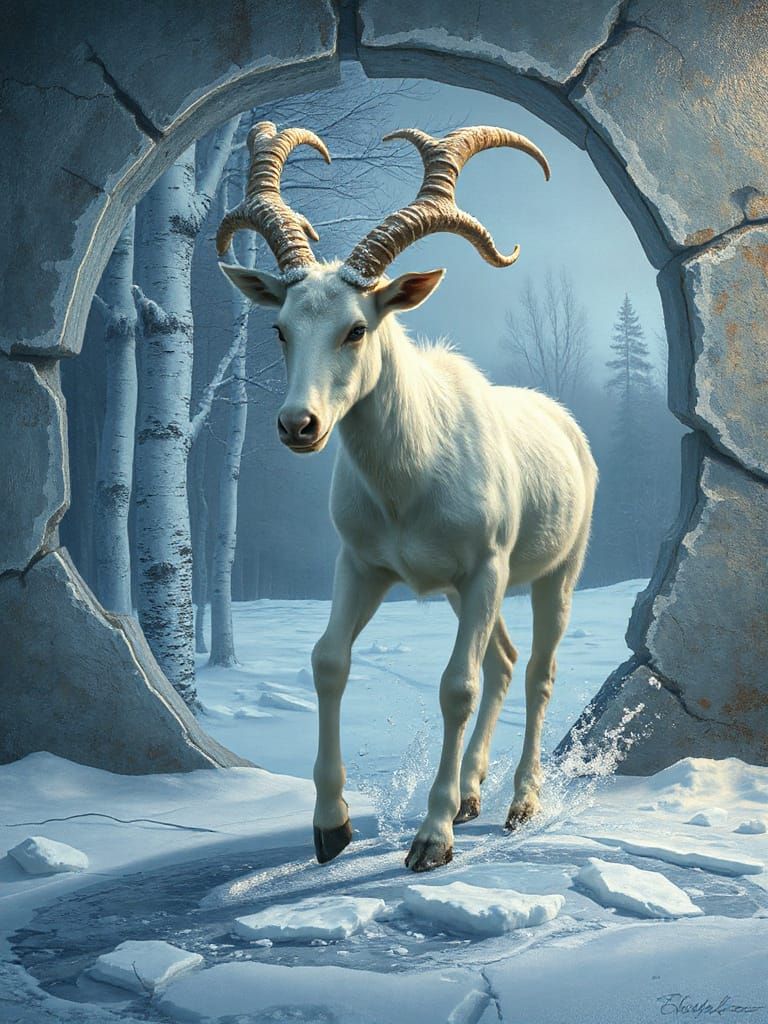 Frost Faun Emerges from Cracked Winter Mural