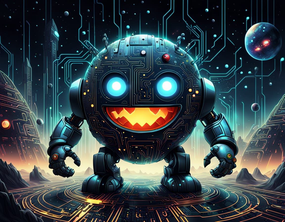 Cybernetic Pacman Devours a Planet in Galactic Starscape