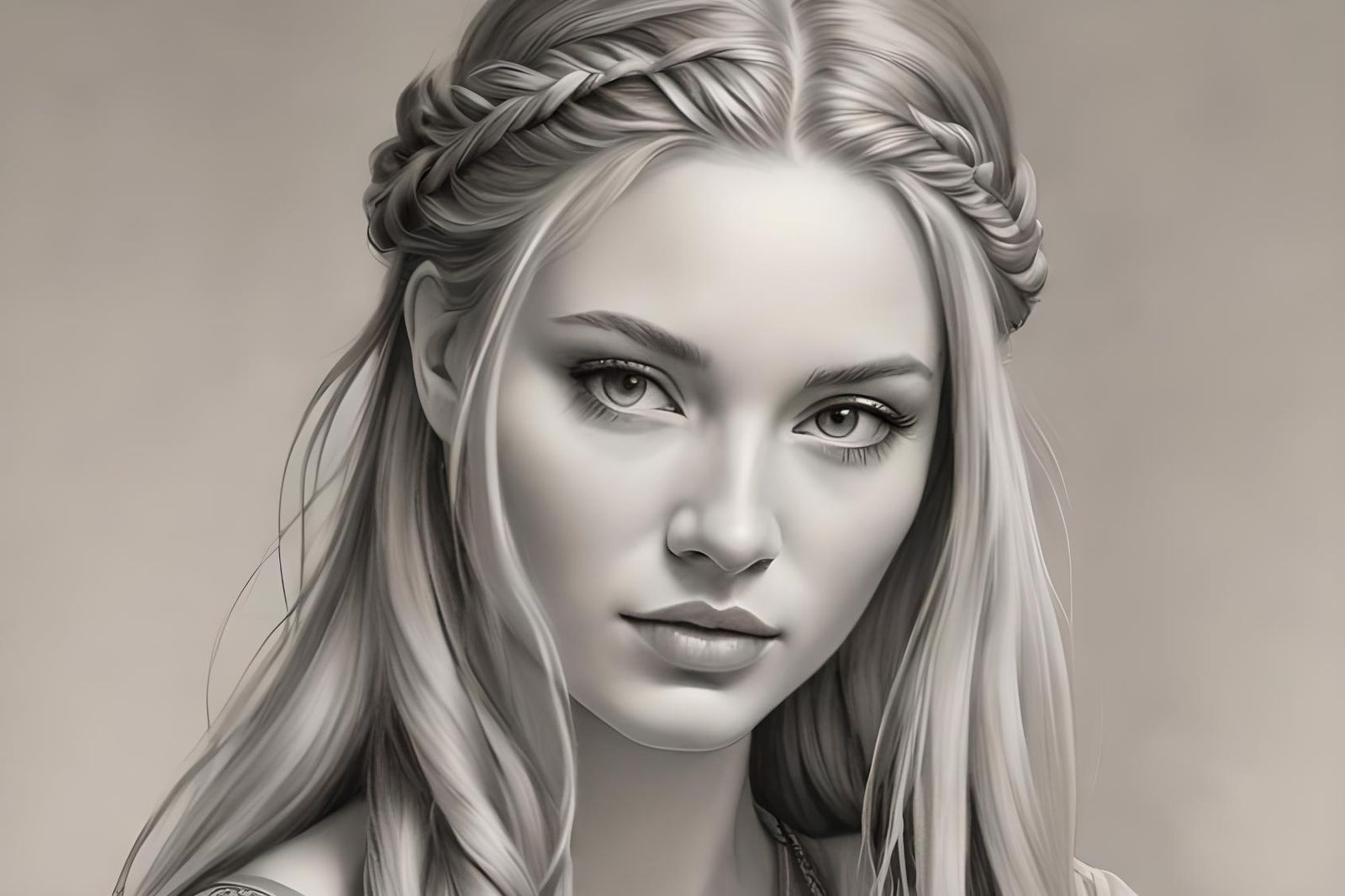 beautiful woman, close face, long hair, pencil