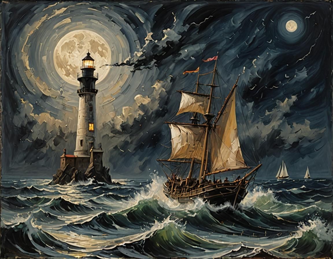 Lighthouse and Sailing Ship: A Pollock-Style Impression