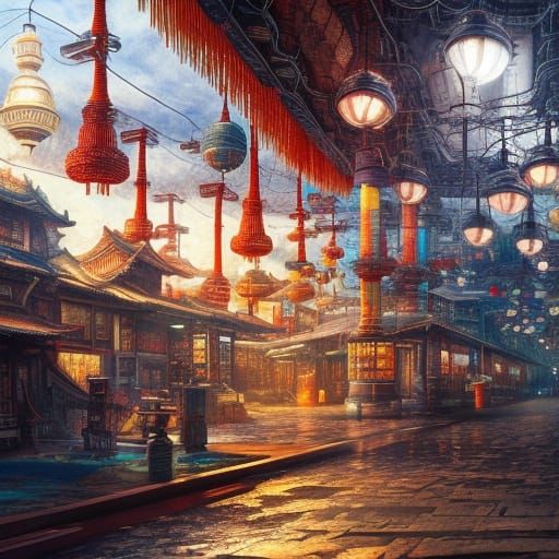 Asian City in a Bottle: Oil Painting