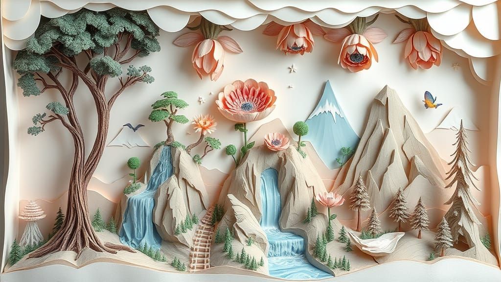 Surreal Papier-mâché Landscape with Upside Down Trees and Mi...