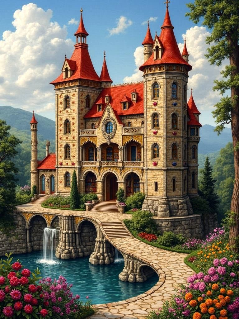 Vibrant Renaissance Abbey Needlepoint Artwork