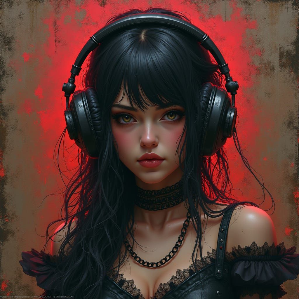 Baroque-Punk Woman with Headphones in Gritty Style
