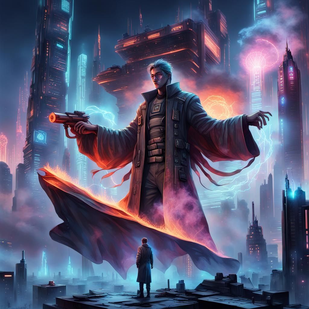Cyberpunk Cityscape Engulfed in Flames, a Technowizard's Des...